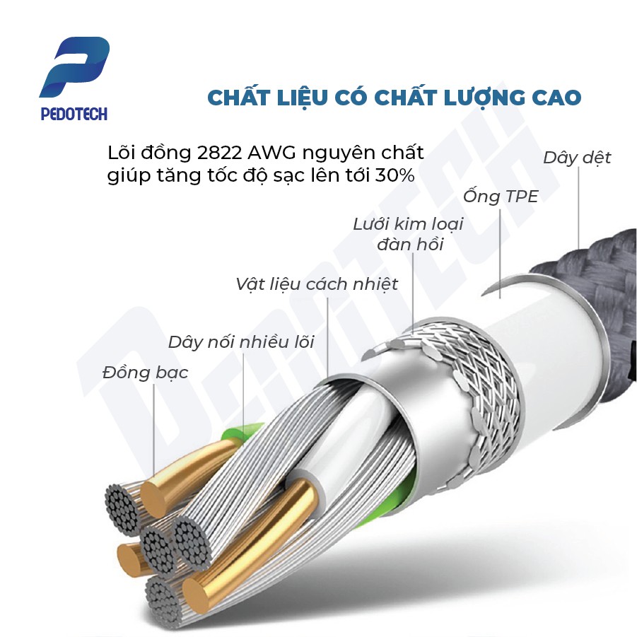 Cáp sạc 3 đầu PEDOTECH đa năng với cổng sạc AN TOÀN, sạc NHANH, kết nối nhiều dòng điện thoại, BẢO HÀNH 6 THÁNG