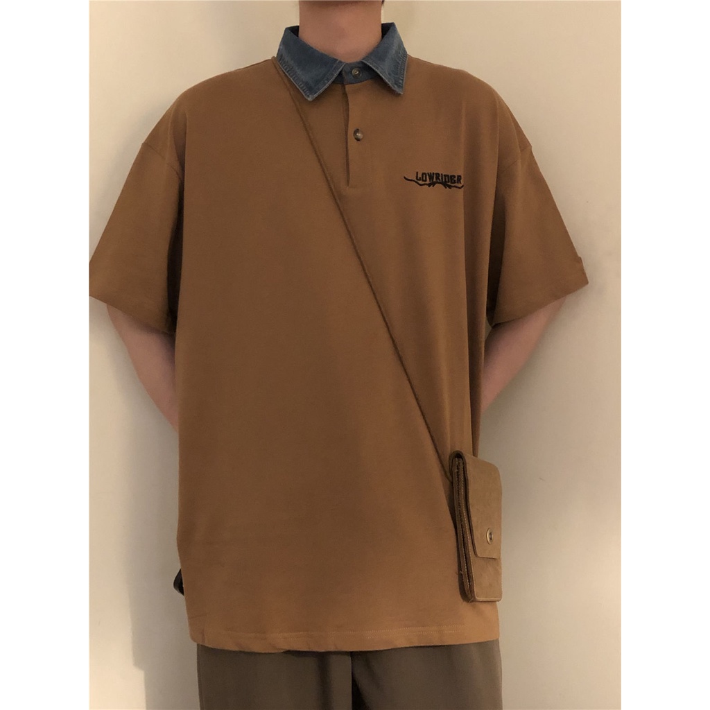 Áo Thun polo Tay Ngắn Dáng Rộng Cổ polo Màu Sắc Tương Phản Phong Cách Retro Dành Cho Nam Và Nữ