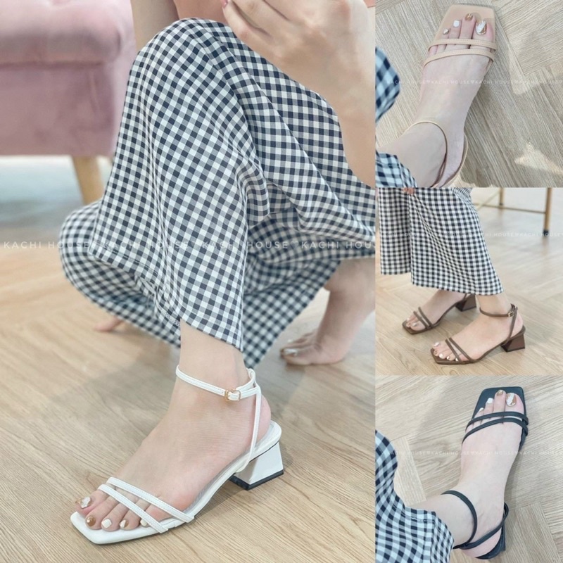Sandal nữ gót vuông 3cm 2 quai mảnh dễ đi chất da lì