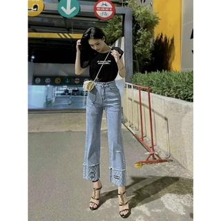 Quân Jeans Ống Rộng Lật Lai Lưng Cao 2 màu xanh đậm, nhạt Shop YuRi Jeans Nữ