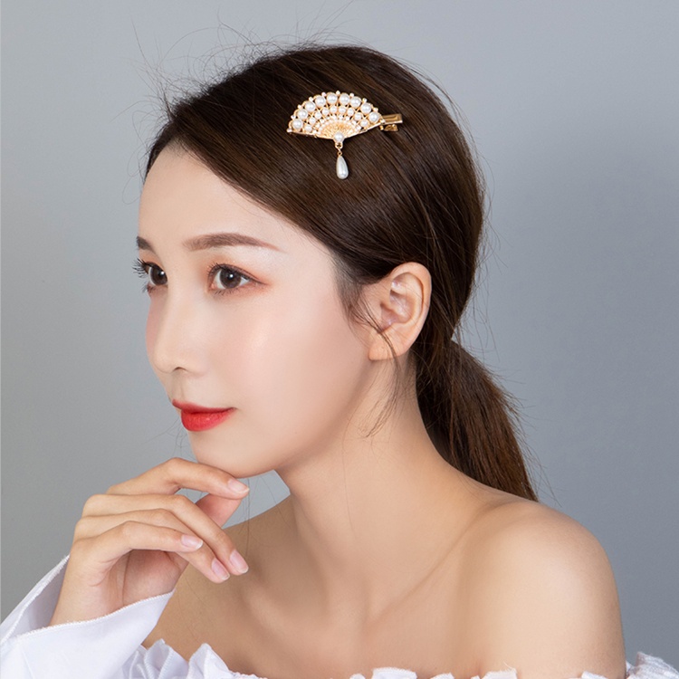 Kẹp Tóc Hình Quạt Đính Ngọc Trai Phong Cách vintage Hàn Quốc