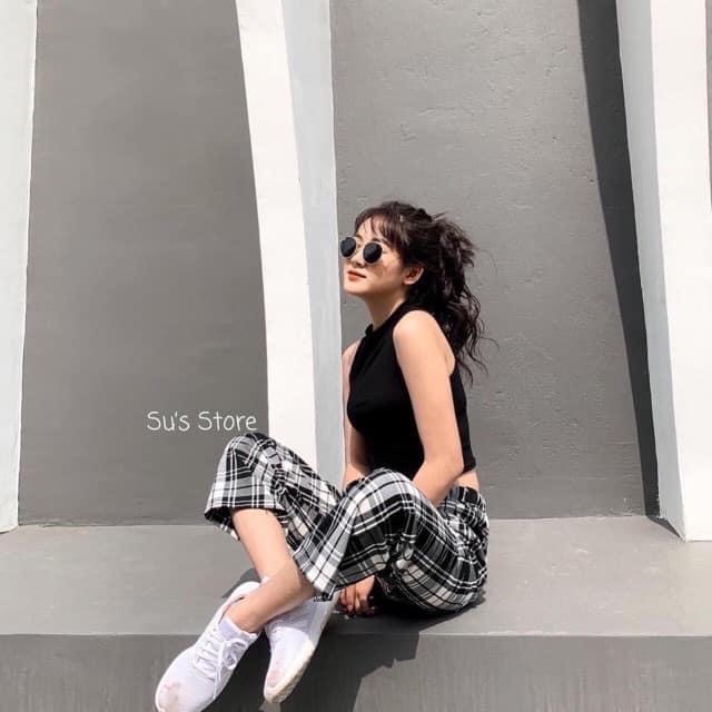 QUẦN ỐNG RỘNG KẺ CARO CẠP CHUN