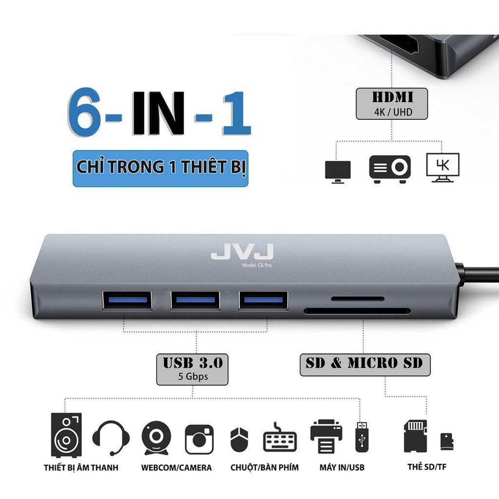 Hub type C Macbook laptop C6 JVJ 6 trong 1, chia cổng USB 3.0 tốc độ 500Mb/s SD, TF, 4K,HDMI, vỏ kim loại