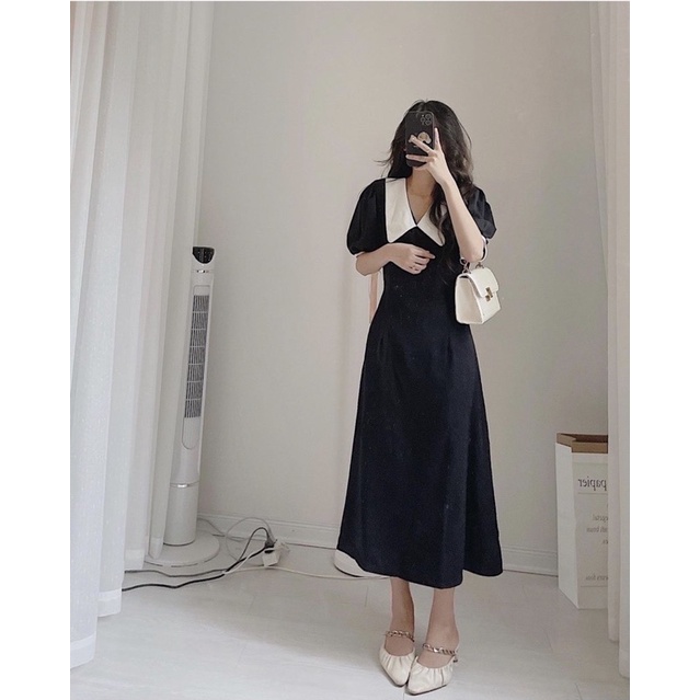 Đầm midi đen phối cổ trắng tay phồng tiểu thư MS010