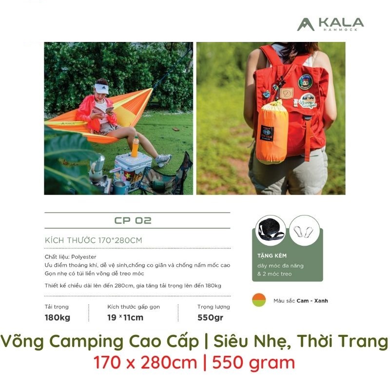 Võng Camping Cao Cấp | Siêu Nhẹ | Thời Trang | 170 x 280cm | Đủ Màu | Gấp Gọn 19x11cm | Tặng Dây + 2 Móc | VT MART