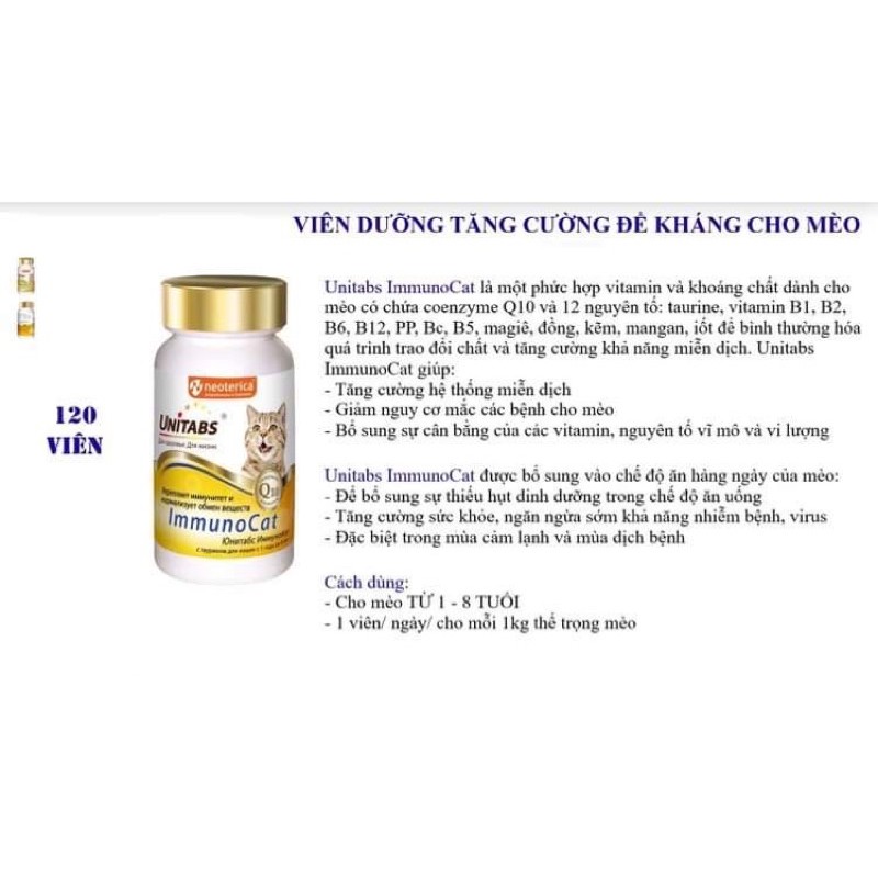 Vitamin Immunocat tăng cường miễn dịch cho mèo với Q10 và Taurine (Unitabs - 100v)