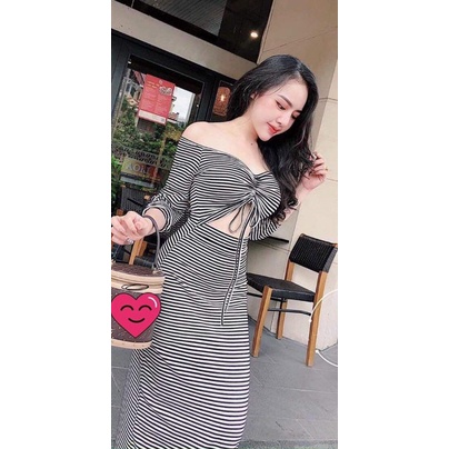 ĐẦM BODY TRỄ VAI RÚT NGỰC 2 MÀU ĐEN VÀ SỌC