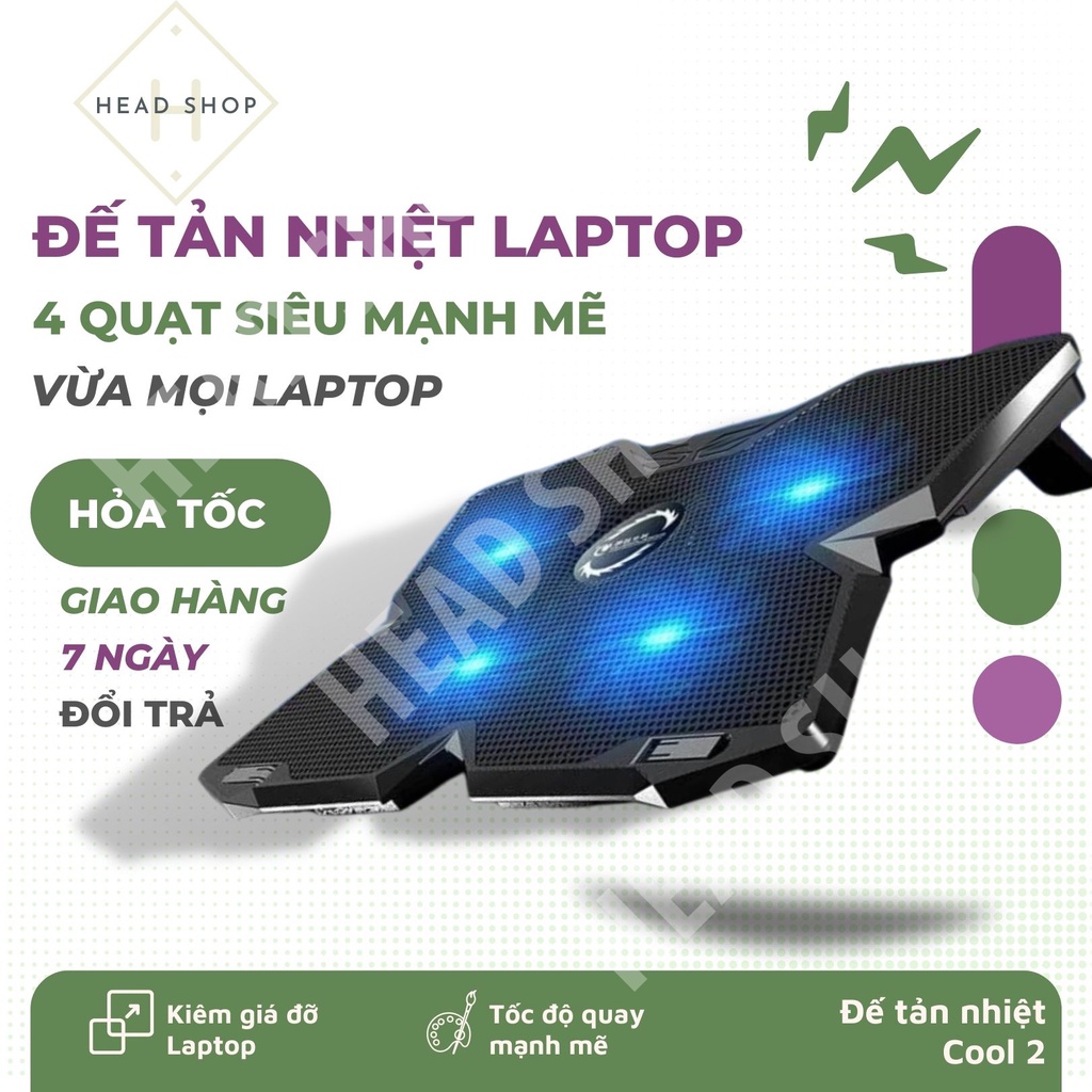 Đế Tản Nhiệt Quạt tản nhiệt Laptop Cool 2 có 4 Quạt, Đèn Led, Đế Nâng 17 Inch Trở Xuống HEAD SHOP