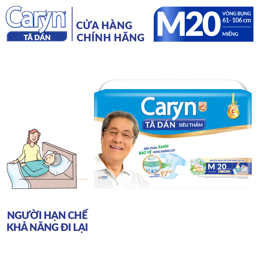 Tã/Bỉm dán người lớn siêu thấm Caryn dành cho người hạn chế khả năng đi lại Size M (10/20/40pcs)