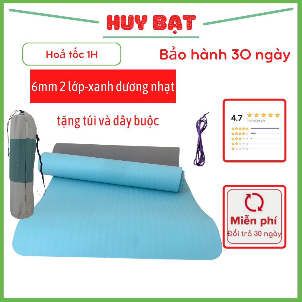 Thảm Yoga Huy Bạt 6mm 2 Lớp Chất Liệu Thảm Tập Yoga Tpe Bền Và Nhẹ Tặng Kèm Túi Đựng Và Dây Buộc Thảm Yoga.