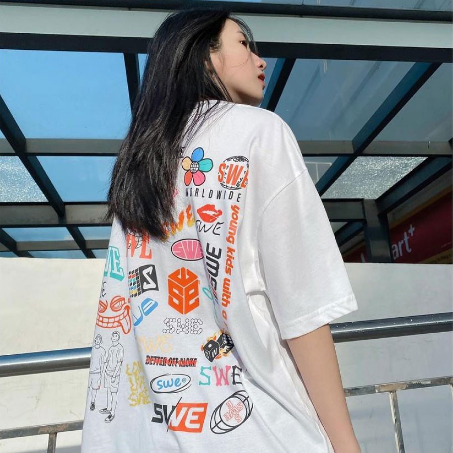 Áo Phông Unisex S.WE Logos Tay Lỡ Form Rộng - Áo Thun Unisex Chất Liệu Cotton 2 Màu Đen Trắng Logos S.WE AT010