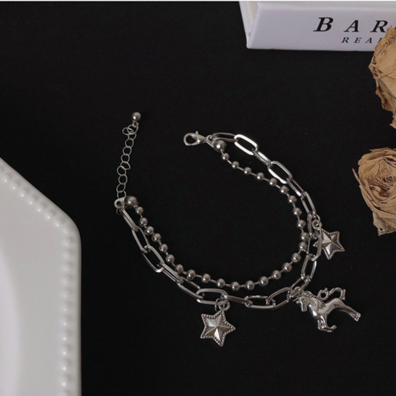 Vòng tay thiết kế mặt hình kỳ lân/2 ngôi sao phong cách hip hop hợp thời trang