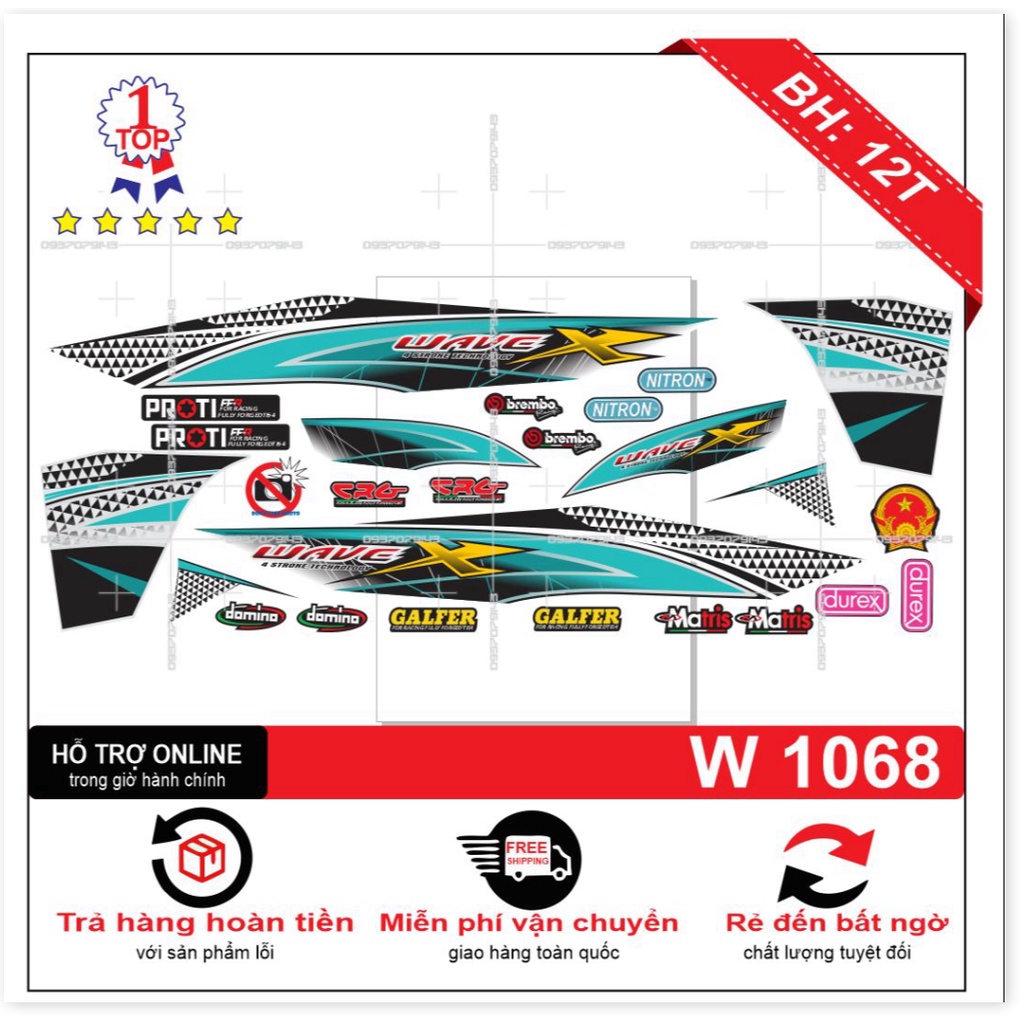 ( Quí khách vui lòng mang ra tiệm cho thợ dán ) Tem wave X 2017 xanh trắng