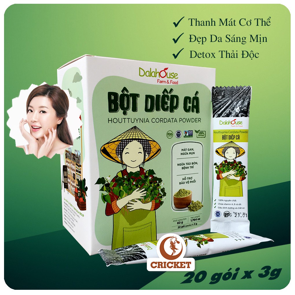 Bột Diếp Cá Nguyên chất Sấy Lạnh Dalahouse 60g (20 gói x 3g) detox thải độc, da sạch lán mịn