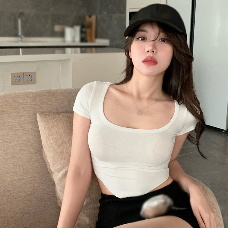 Áo Croptop Tay Ngắn Cổ Tròn Màu Sắc Thanh Lịch