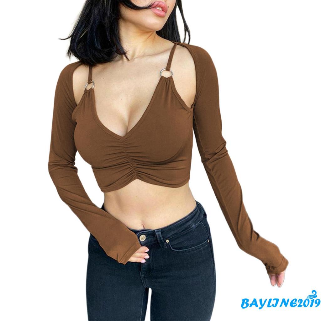 Áo Croptop Tay Dài Cổ Chữ V Màu Sắc Trơn Thời Trang Mùa Hè Dành Cho Nữ