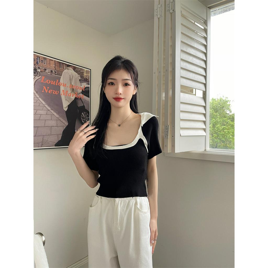 Áo Thun Croptop Dệt Kim Tay Ngắn Cổ Vuông Dáng Ôm Thời Trang Mùa Hè Cho Nữ