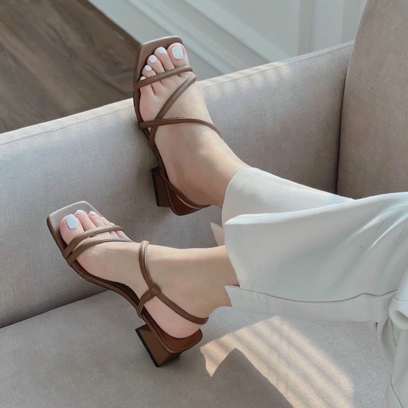 Giày sandal cao gót nữ đế vuông 3 phân dây chéo hotrend mùa hè 2022 VINA STORE mã TH10