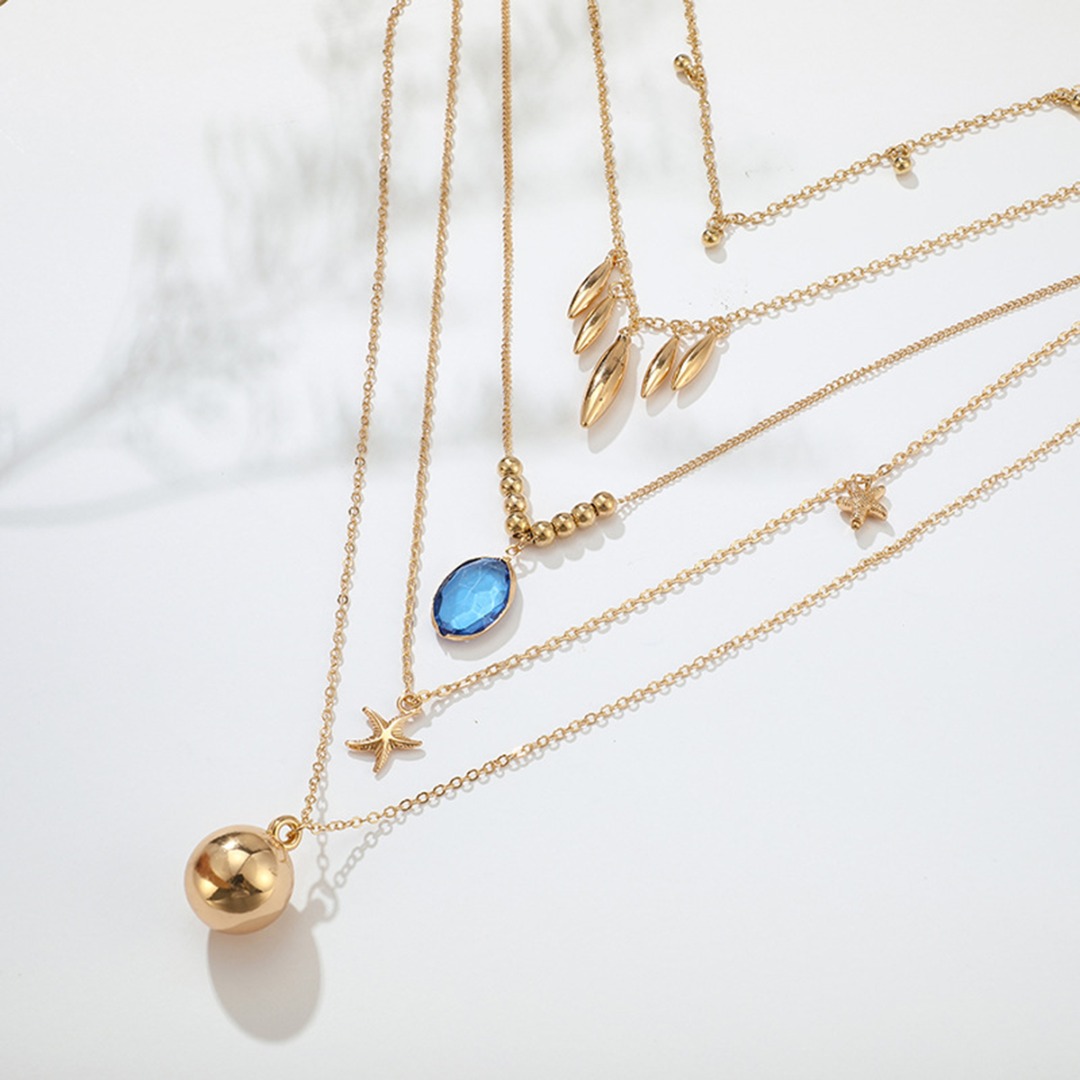 Dây Chuyền Nhiều Lớp Đính Đá Sapphire Và Sao Biển Phong Cách Bohemian