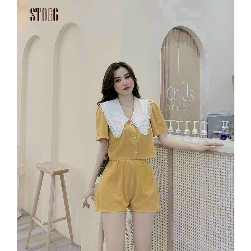 Set Đồ Nữ Đẹp ⚡𝙎𝙄𝙀̂𝙐 𝙎𝘼𝙇𝙀⚡ Set Bộ Đùi Cổ Phối Siêu Dễ Thương, Chất Đũi Nhăn Thoáng Mát, Freesize 50-55kg - 78059