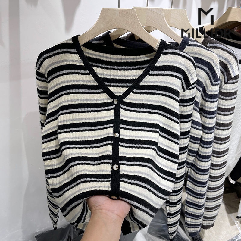 Áo Khoác Cardigan Dệt Kim Tay Dài Dáng Rộng Cổ Chữ V Kẻ Sọc Thời Trang Cho Nữ