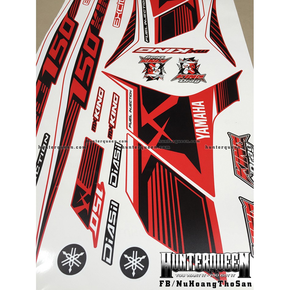 Tem Exciter 150. Tem rời MX King đỏ nhám, sọc đơn giản, dán xe đỏ. Xe màu khác vui lòng inbox