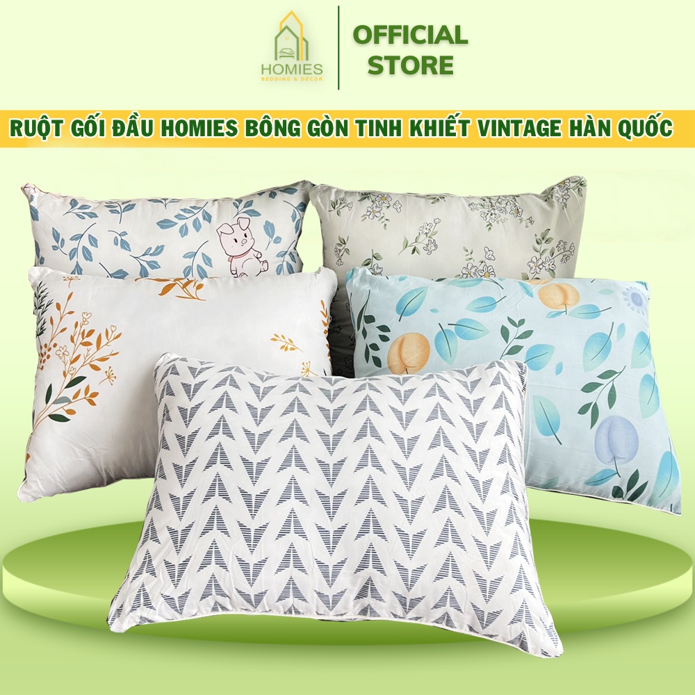Ruột Gối Đầu Bông Gòn HOMIES Bông Trắng Tinh Khiết Nhiều Mẫu Size 45cm x 65cm Có Khóa Kéo