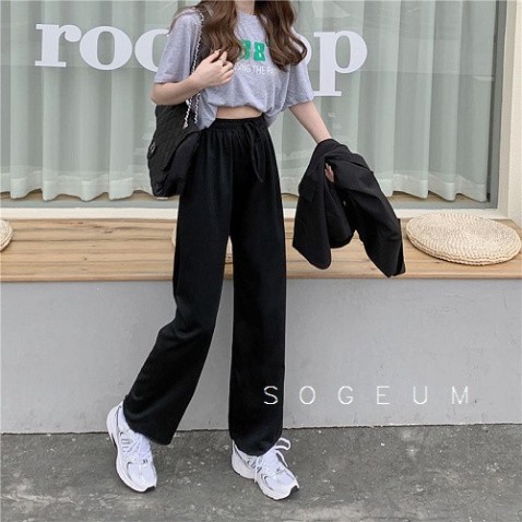Quần ống suông cạp cao culottes 2 màu đen ghi Nam Nữ Ullzang chất liệu da cá