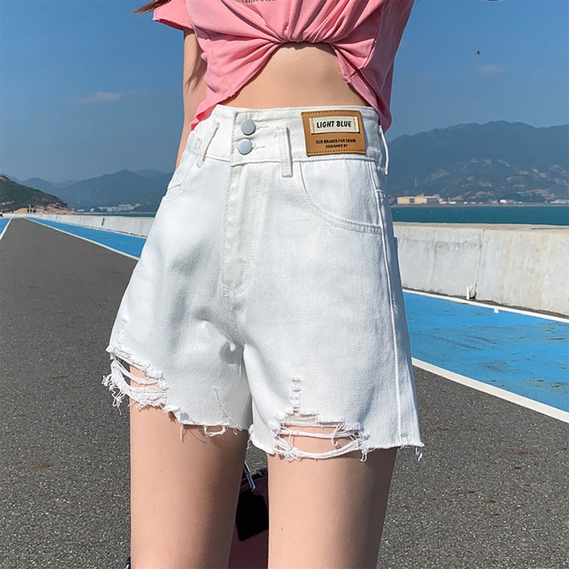 Quần Short Jeans Denim Lưng Cao Phối Hai Hàng Nút Thời Trang Mùa Hè Cho Nữ