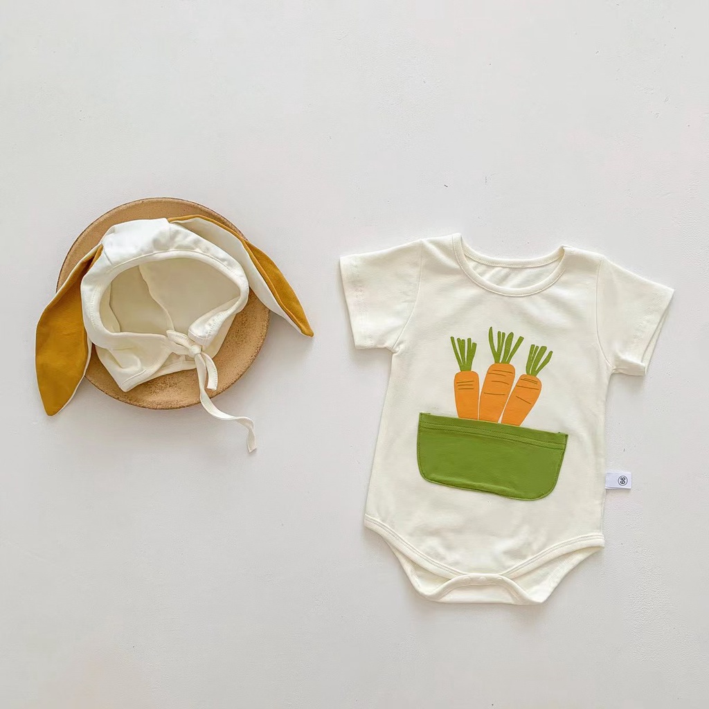 Bộ Áo Liền Quần Cotton Tay Ngắn In Hình Củ Cà Rốt + Mũ Dễ Thương Thời Trang Mùa Hè Cho Bé