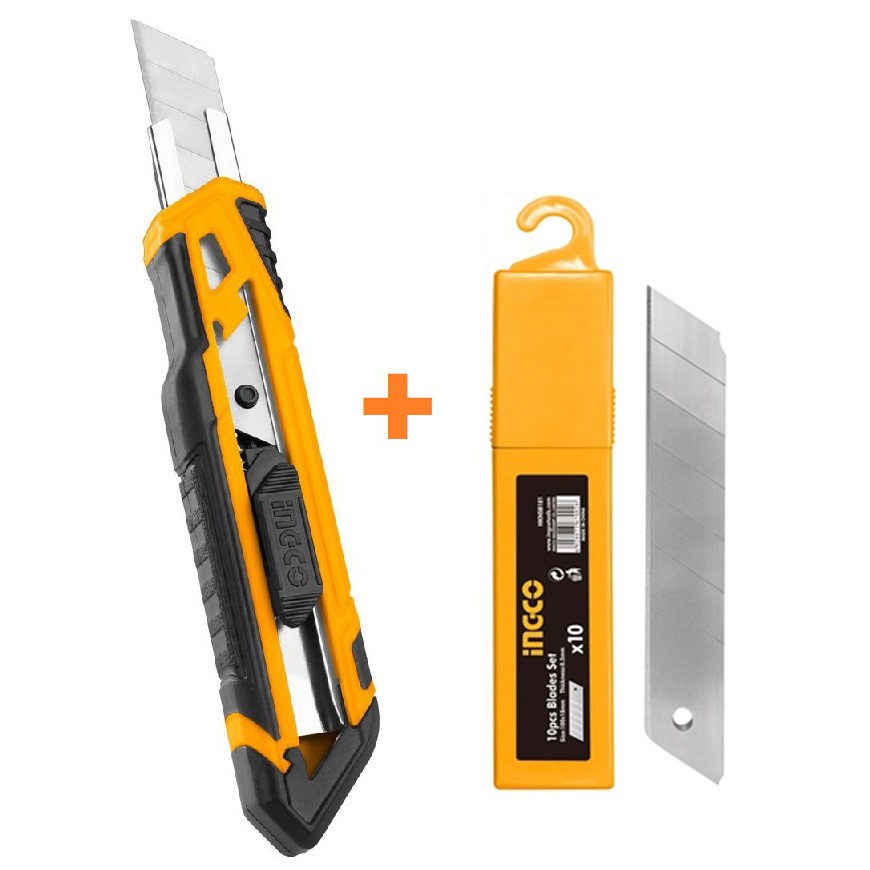 INGCO Bộ dao rọc giấy và hộp 10 lưỡi dao HKNS16518 HKNSB181