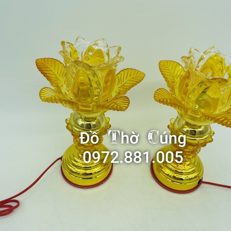 Đèn Thờ thủy tinh hoa sen cao 20 cm bóng led siêu tiết kiệm điện (1 Đôi)