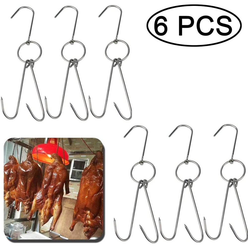 6PCS Móc treo thịt đôi bằng thép không gỉ Vịt quay Cửa hàng thịt xông khói Móc treo đồ nướng BBQ Dụng cụ nấu ăn Phụ kiện (Dày 3,3 mm Chiều dài 23cm)