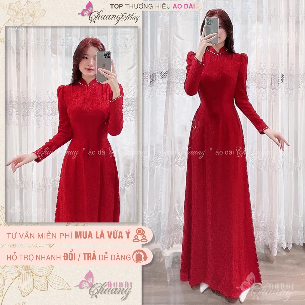 Áo dài cưới cô dâu tay vai bồng CHAANG May thiết kế Lụa Tơ Tằm đính ngọc cao cấp dự tiệc lễ tết đẹp
