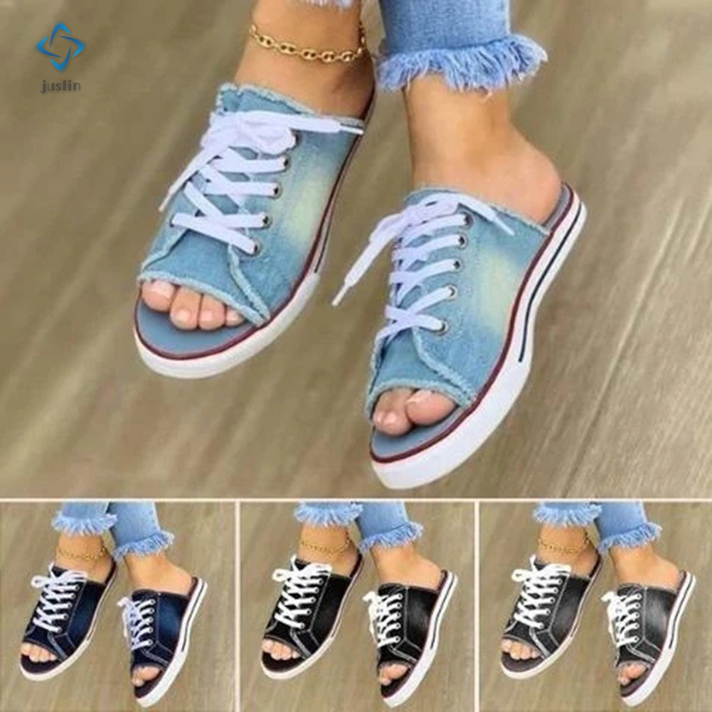 Women Sandals One Pedal Canvas Slippers Comfortable Flat Sandals for Summer Party