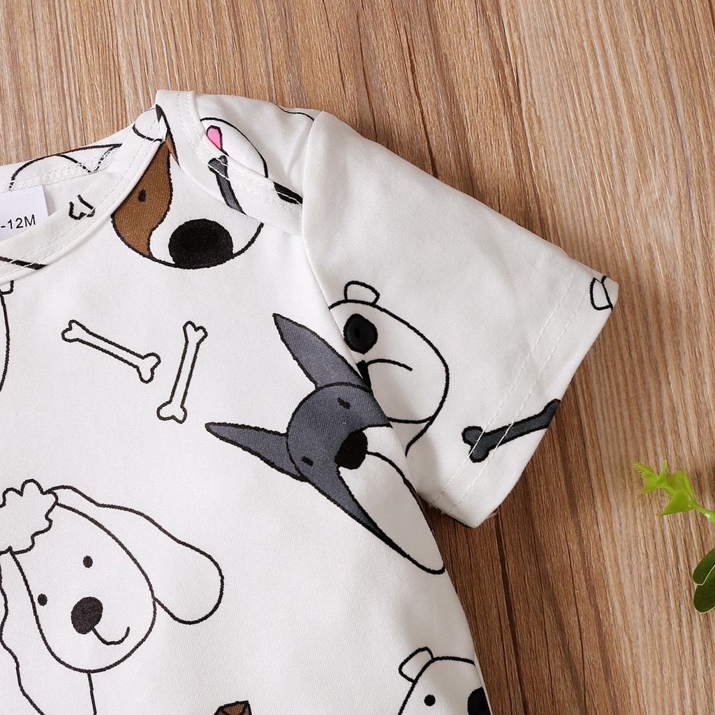 Bộ áo liền quần ngắn tay Mikrdoo in hình chú chó hoạt hình cho trẻ sơ sinh