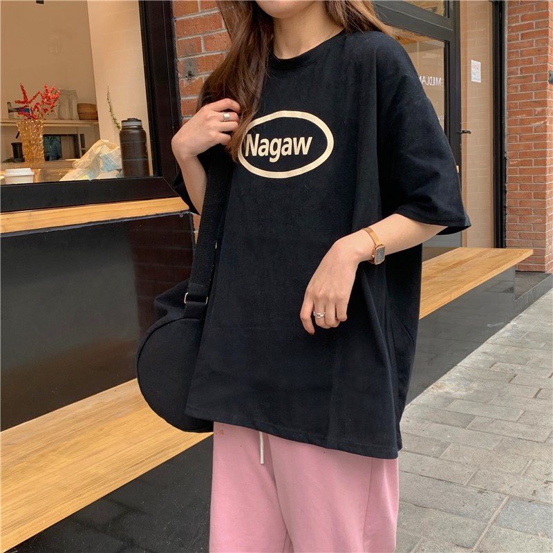 Áo thun nữ tay lửng dáng rộng in họa tiết đơn giản phong cách hàn quốc thời trang mùa hè