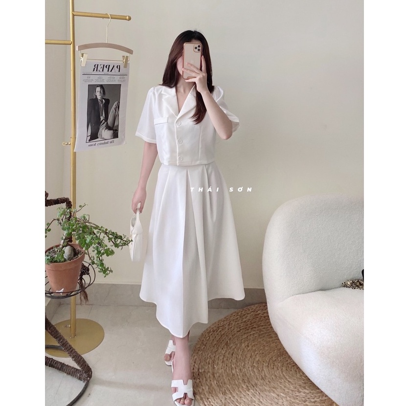 váy thiết kế ,Set Váy Nữ Áo Vest crotop mix Chân váy xếp ly dài