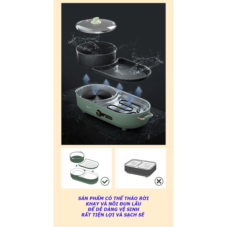 Bếp Điện Lẩu Nướng Đa Năng 2 Ngăn BEAR DKL-C15G1 2in1  ,Chống Dính Cao Cấp