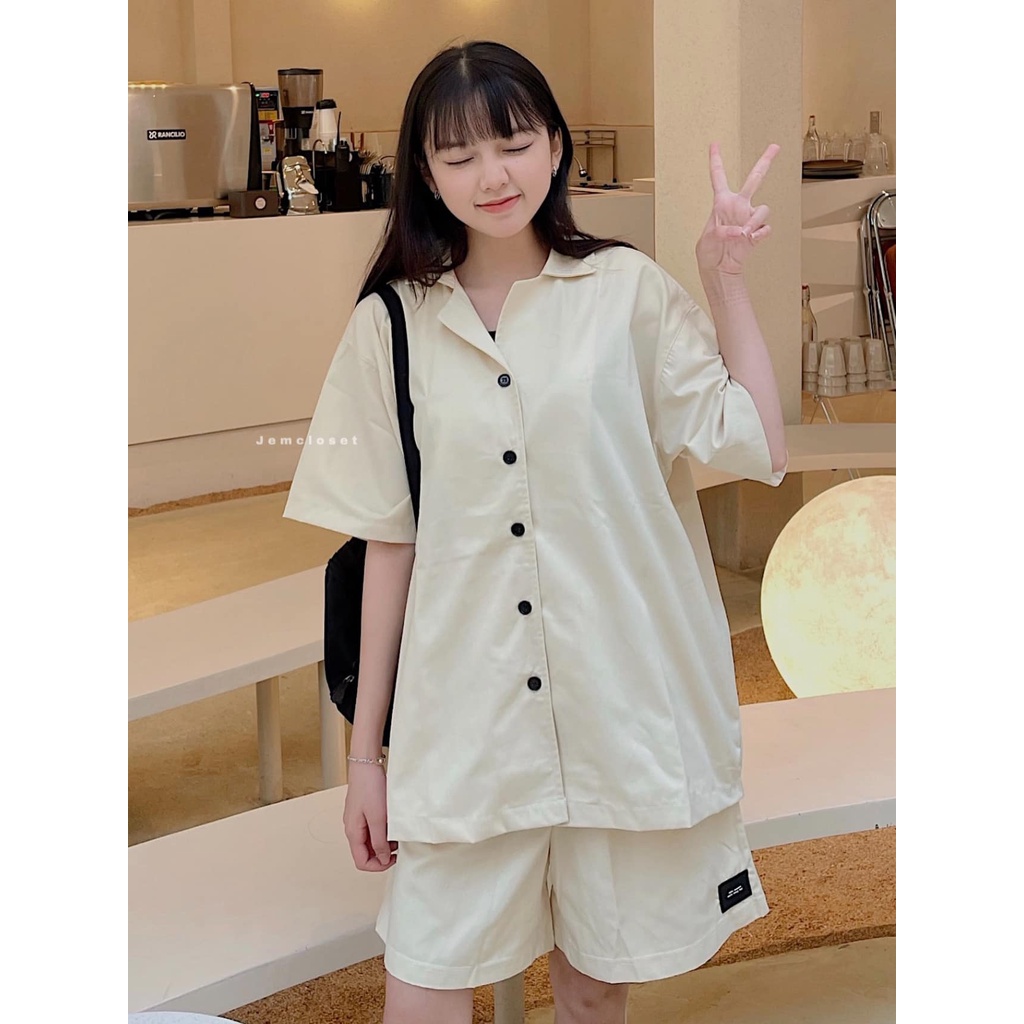 Set Bộ Nữ Đi Chơi JEM CLOSET Sơ Mi Tay Ngắn Phối Quần Short Ống Rộng Lưng Cao PRIM 8142