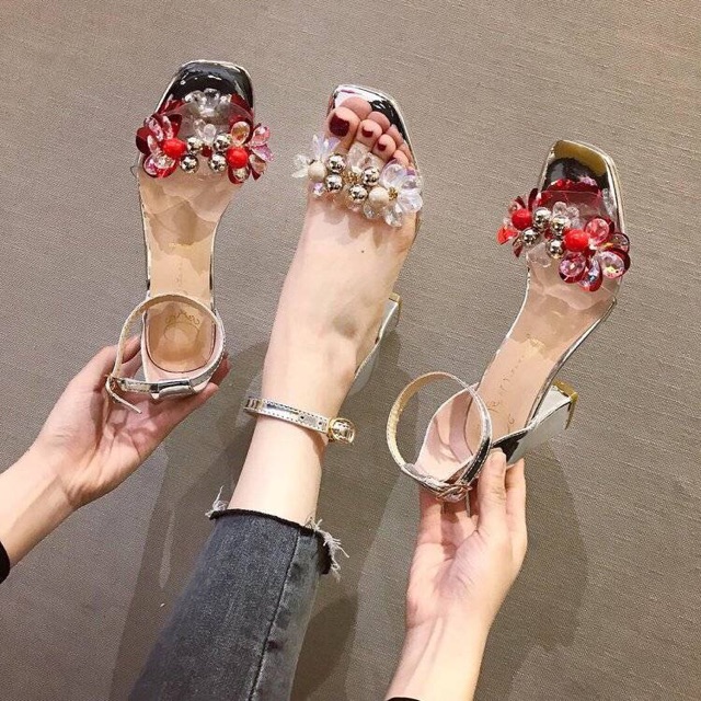 Giày cao gót đế vuông đính hoa đá 7cm