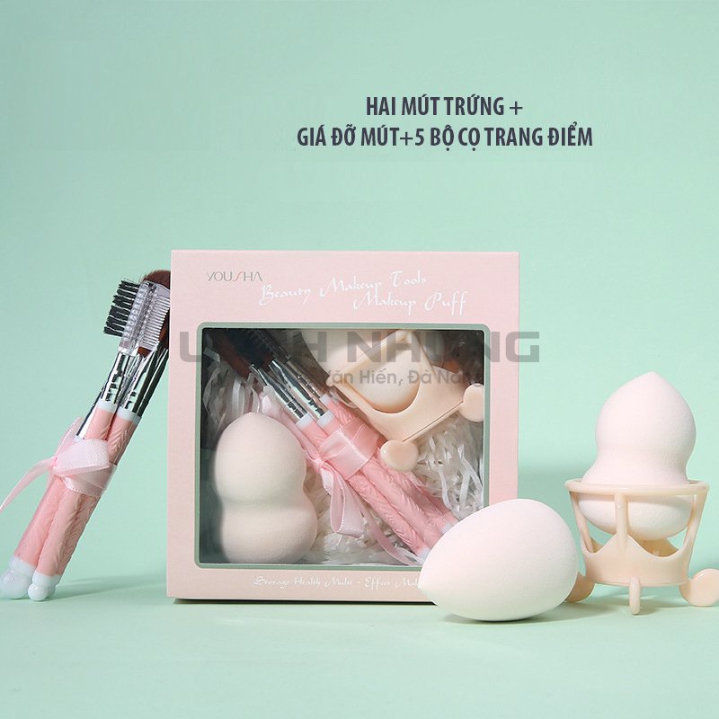 Set 02 bông phấn + bộ 5 cọ trang điểm cơ bản cho người mới bắt đầu học makeup