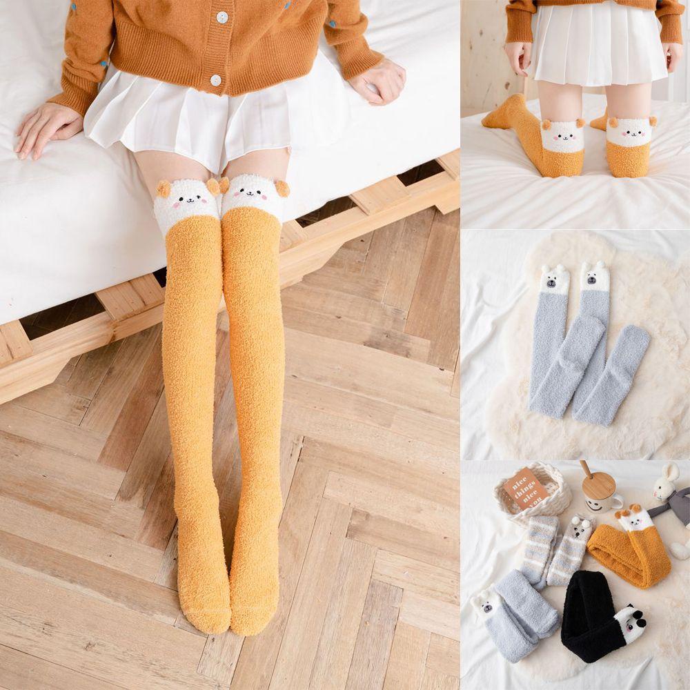 Vớ Dài Đến Đầu Gối Vải Lông Cừu San Hô Hình Gấu Trúc Thời Trang Thu Đông