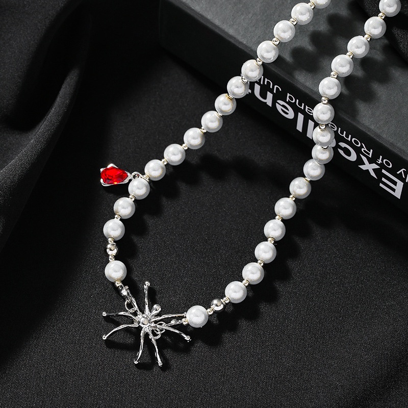 Vòng cổ mặt hình nhện chất liệu hợp kim ngọc trai giả phong cách hip hop