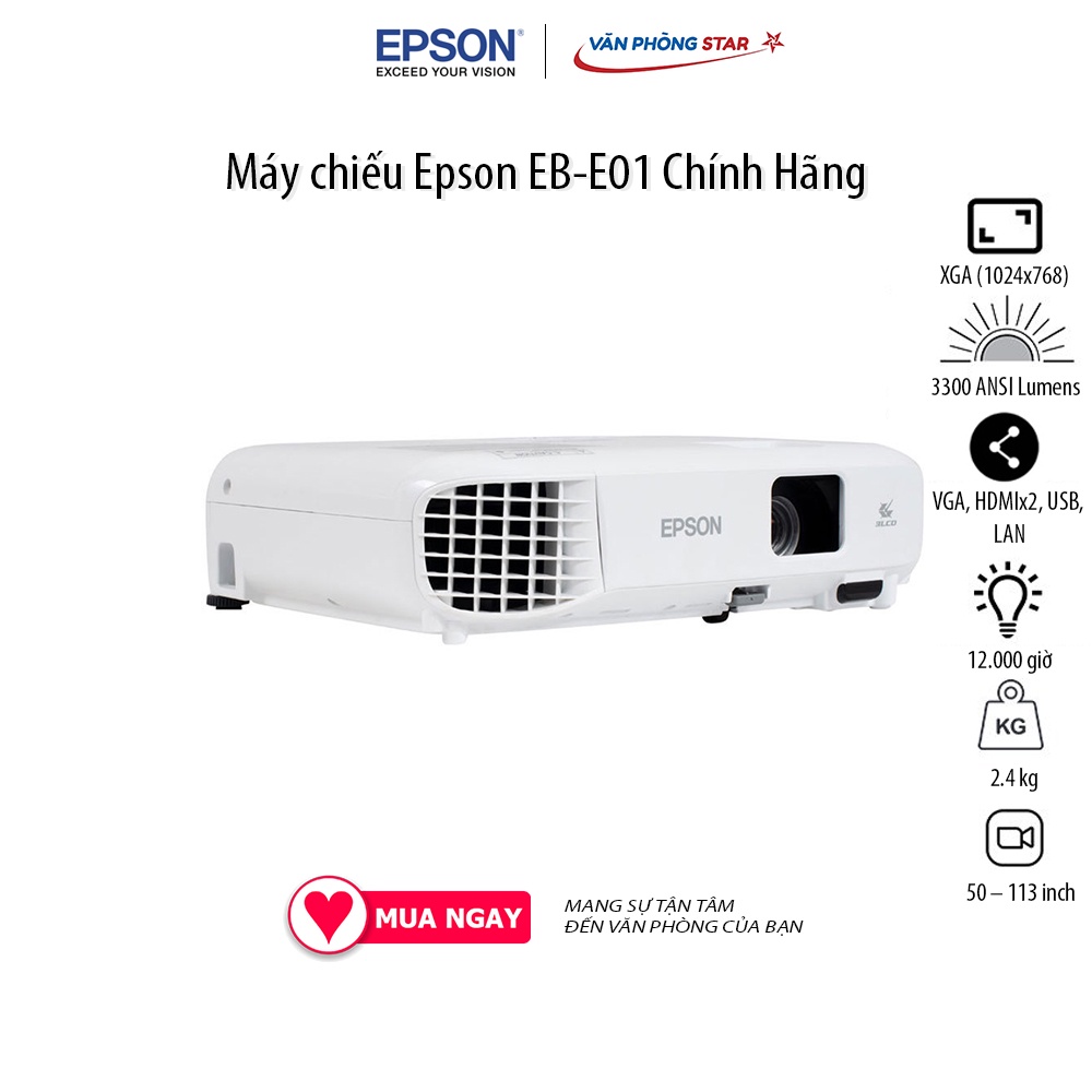 Máy chiếu Epson EB-E01 Độ phân giải XGA (1024×768) Cường độ sáng 3300 Lumens, Tuổi thọ bóng 12.000 giờ Vanphongstar