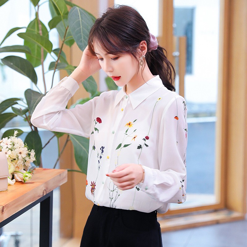 Áo sơ mi nữ dài tay phối hoa lá mẫu SMH45 Thời trang nữ thanh lịch Chất kate mềm không nhăn không phai màu