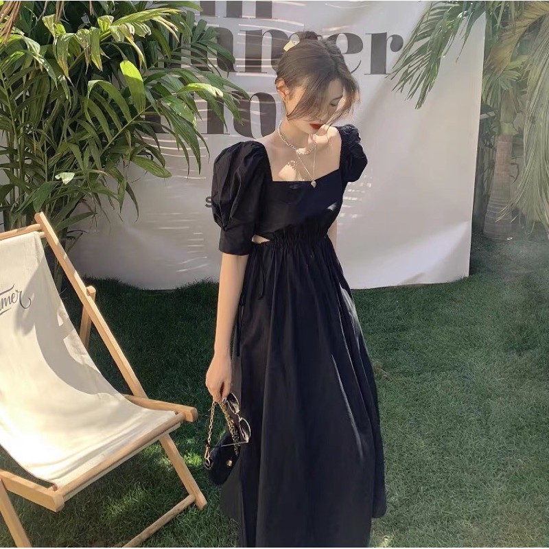 (Ảnh thật)(sẵn L) Váy đầm maxi cổ V tay phồng hở eo rút dây bo chun sang trọng đi chơi du lịch biển