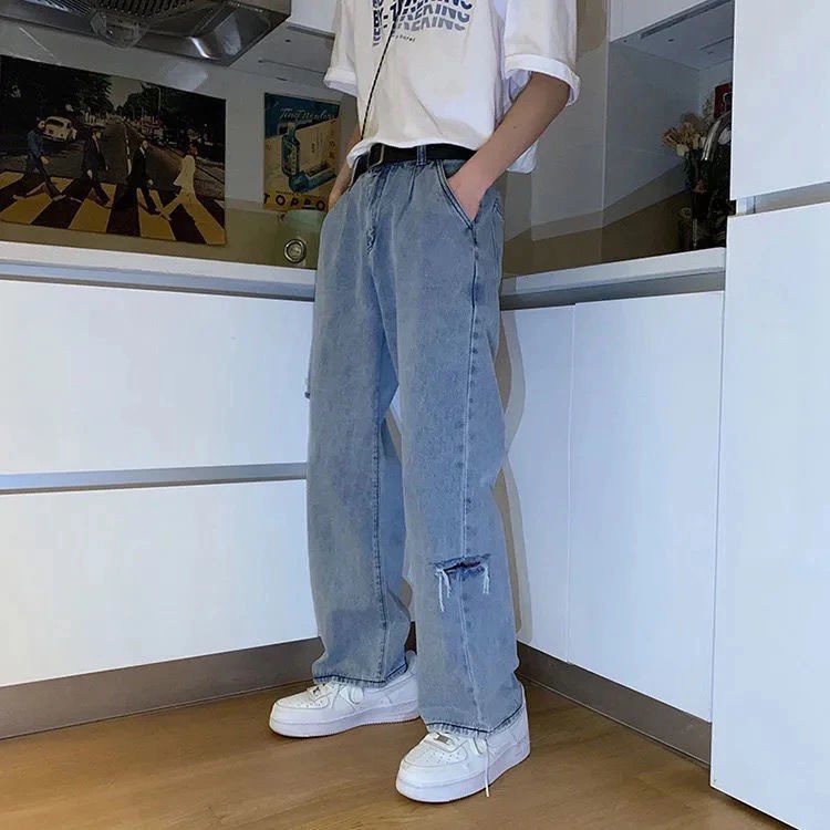 Men jeans Wide Leg denim pant Loose Straight Baggy men's jeans Streetwear Hip Hop casual Skateboard pants S-5XL Neutral trousers Men's jeans with holes, loose fitting, straight tube, Hong Kong style, versatile, loose and slim, daddy's wide leg beggars' pa