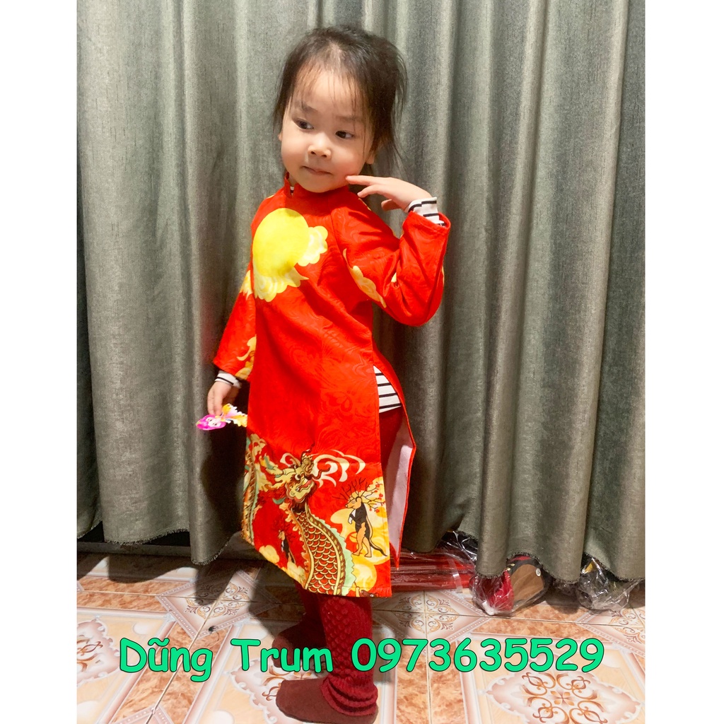 Áo dài Tết cách tân cho bé vải gấm họa tiết cực đẹp