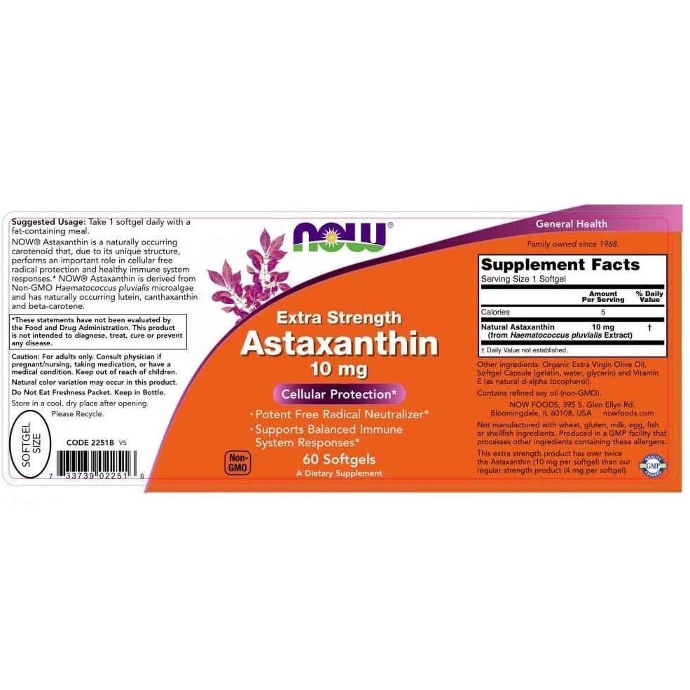 Viên NOW ASTAXANTHIN 10MG  Từ Tảo Biển Giảm Lão Hóa Đẹp Da Chống Oxy Gấp 6000x Vitamin C Tăng Sức Đề Kháng - USA